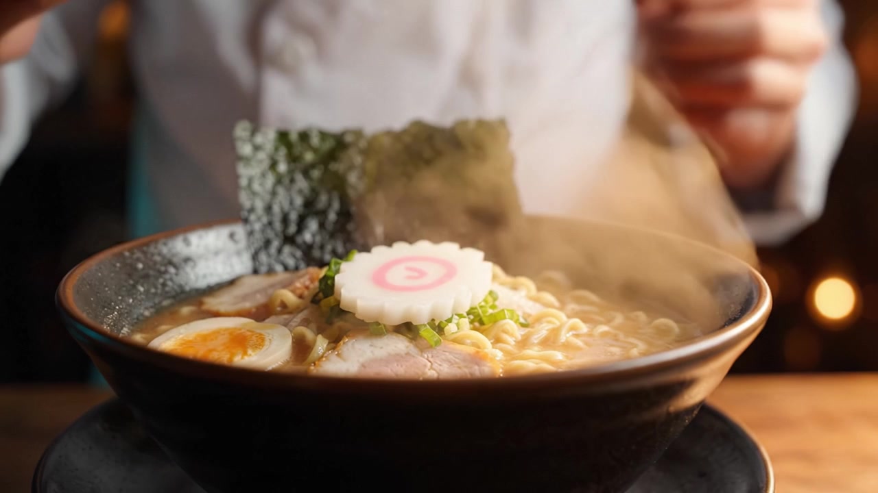 熟練のシェフが、完璧なトッピングと湯気の立つスープが特徴の美味しいラーメンを巧みに準備し、料理の芸術性と風味豊かな食材を披露しています。