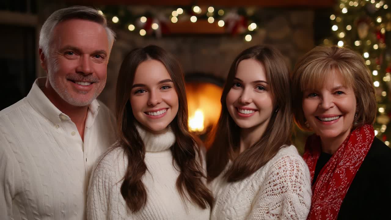 A Warm Family Gathering: Celebrating Togetherness and Joy by the Fireplace in a Cozy Atmosphere Filled with Holiday Cheer and Festive Spirit Conveyed Through Smiles and Soft Lighting