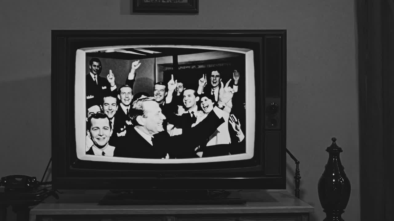 A vintage black-and-white video on a retro TV shows a group of people smiling