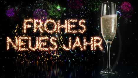 animation of happy new year text greetings over glass of champagne and fireworks