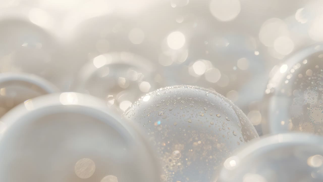 Pulling focus, camera moving in on central translucent sphere in studio showing drops and bubbles