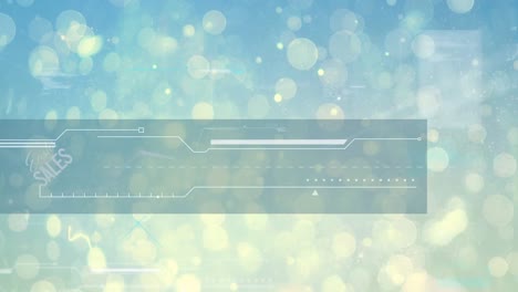 animación de texto de ventas y procesamiento de datos sobre círculos blancos sobre fondo azul