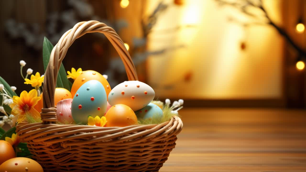 A warm, close-up video of a wicker basket with colorful Easter eggs and flowers, softly lit
