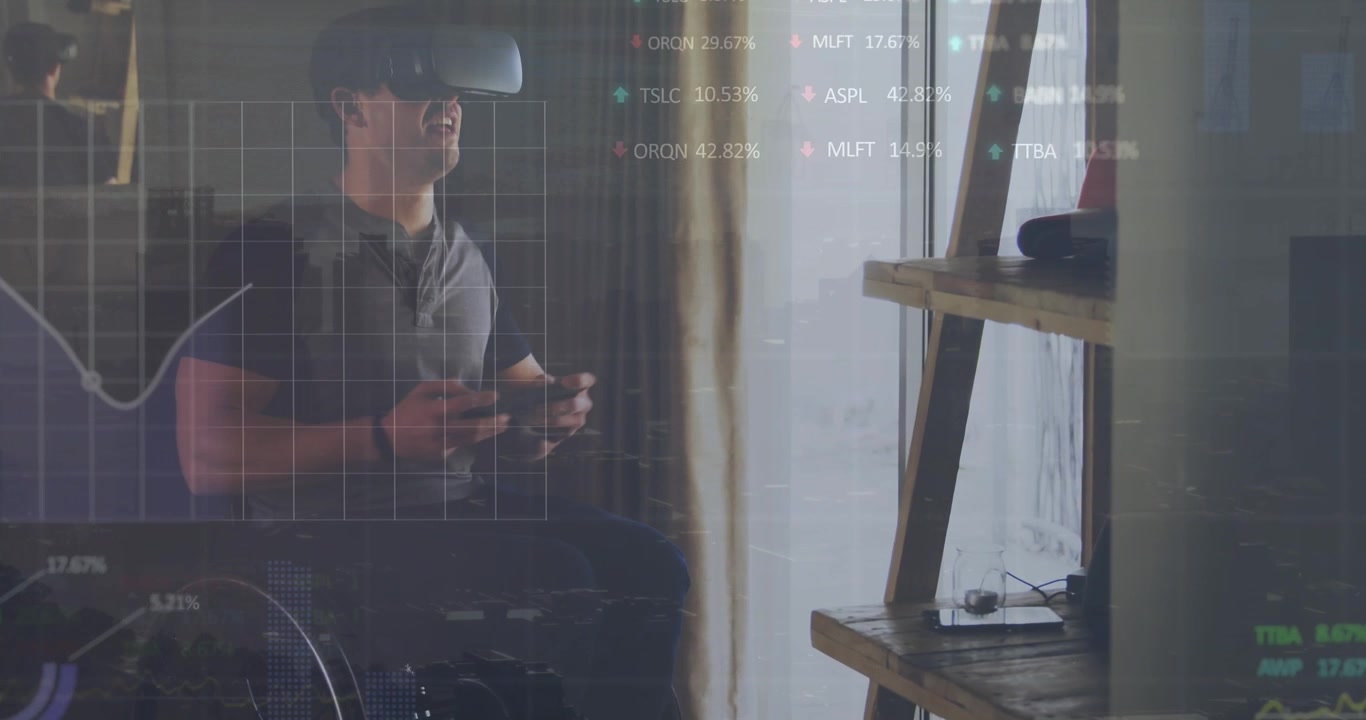 Animation af databehandling over en handicappet mand i kørestol, der bruger VR-headset