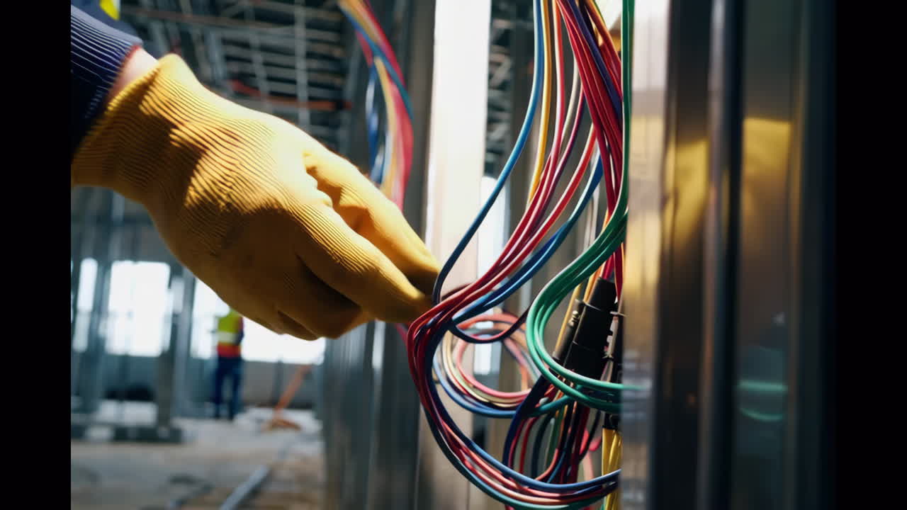 Electrician working on electrical wiring in a building under construction