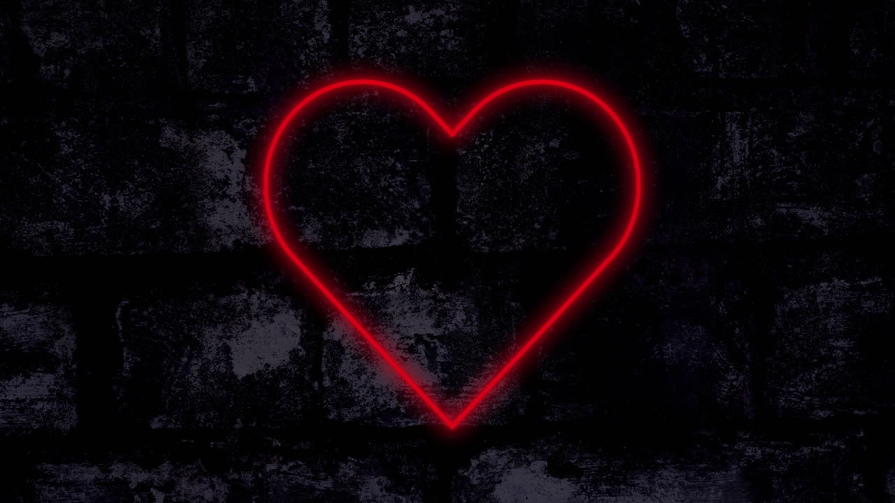 animación de un corazón de neón rojo parpadeando en una pared de ladrillo oscuro