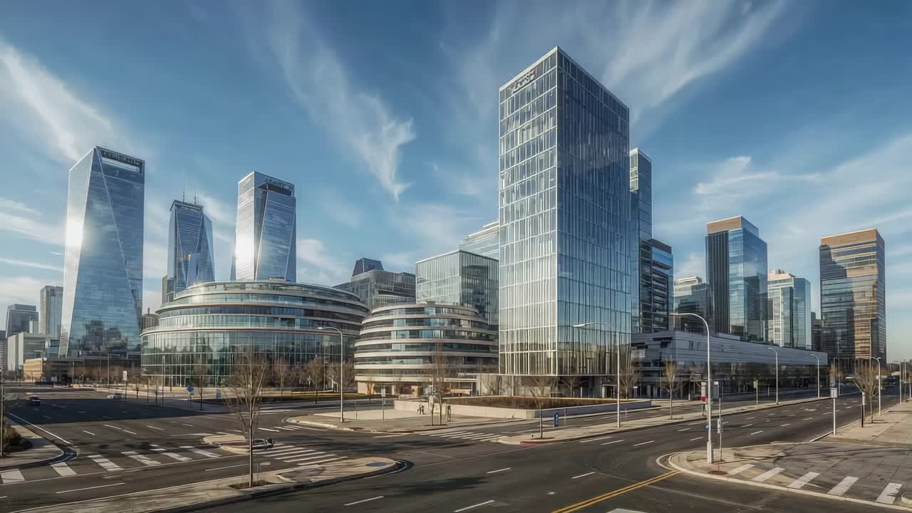 Modern Cityscape with Glass Skyscrapers and Empty Streets