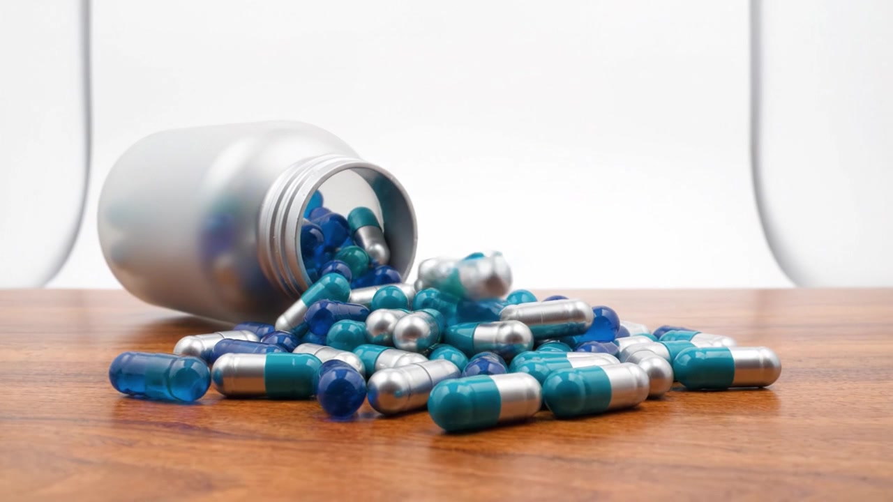 Aesthetic Close-up of a Spill from a Container Filled with Colorful Capsules, Showcasing the Attractive Blend of Metallic and Transparent Designs on a Wooden Surface