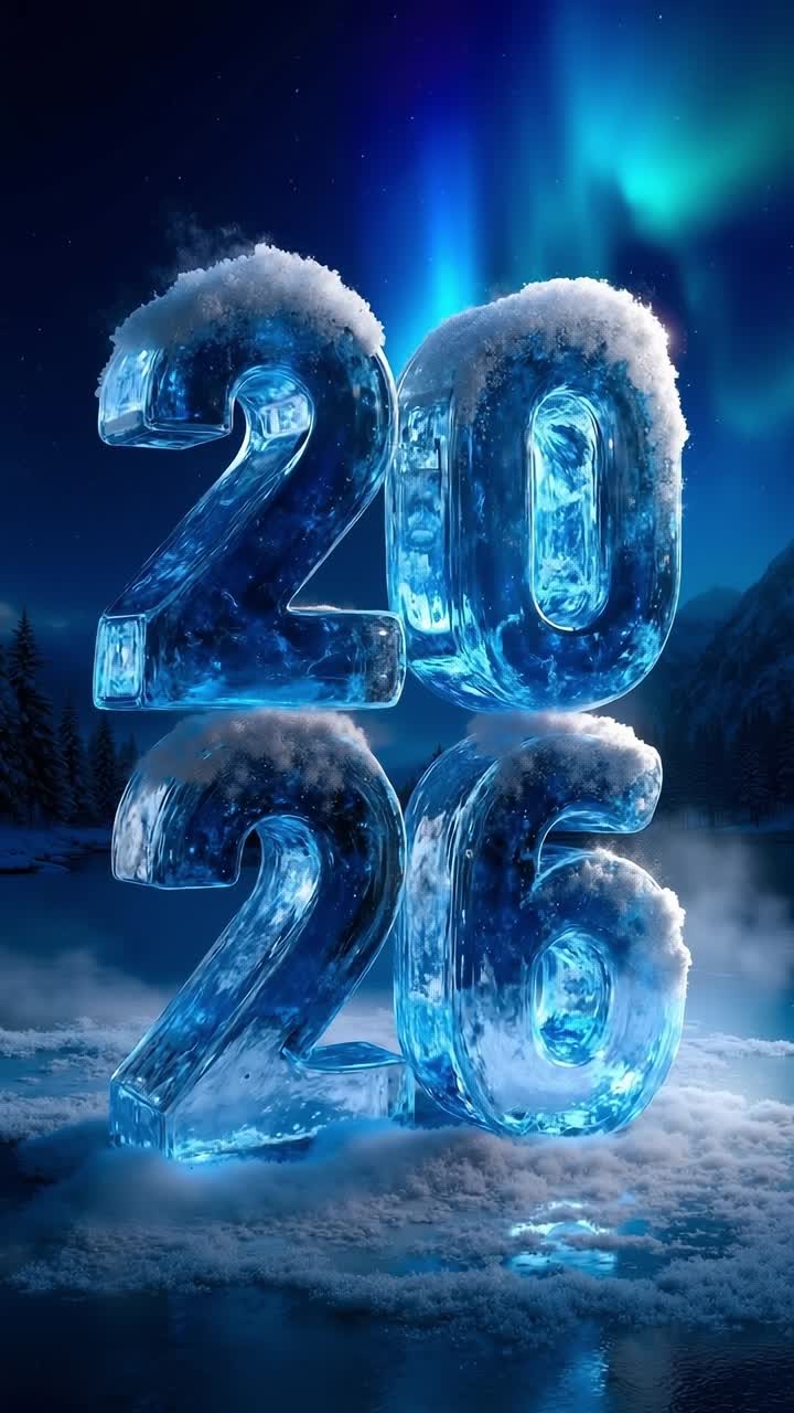 A number of ice cubes in the shape of the number 2026 on a snowy landscape