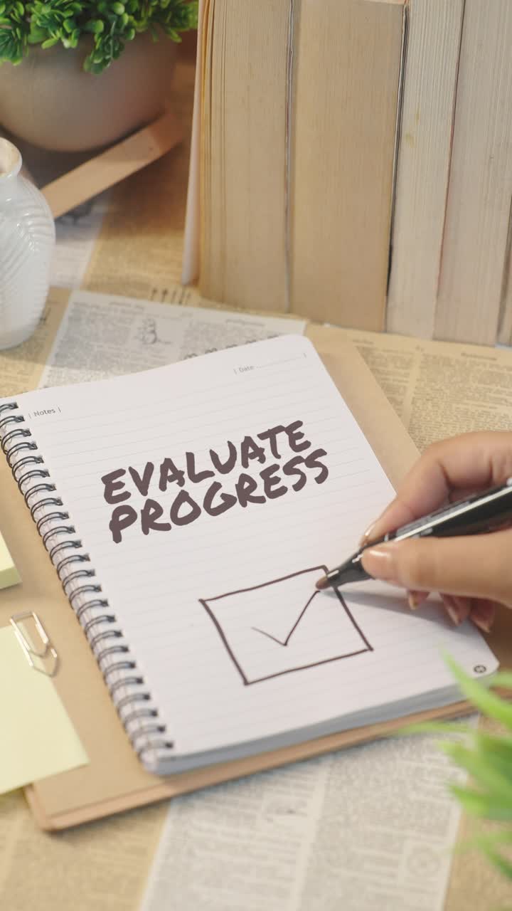 VERTICAL VIDEO OF TICKING OFF EVALUATE PROGRESS FROM CHECKLIST