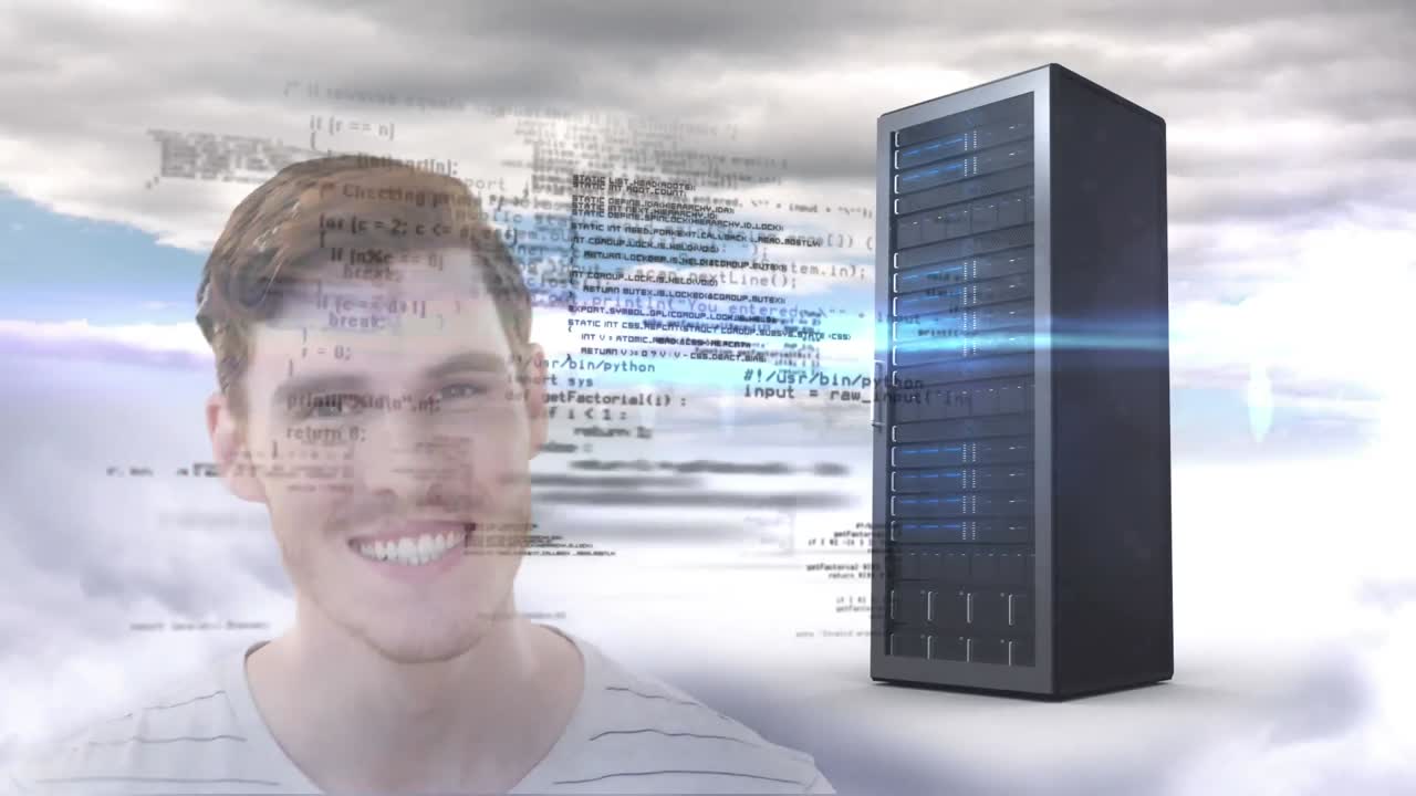 Animation of happy businessman over data processing and computer server