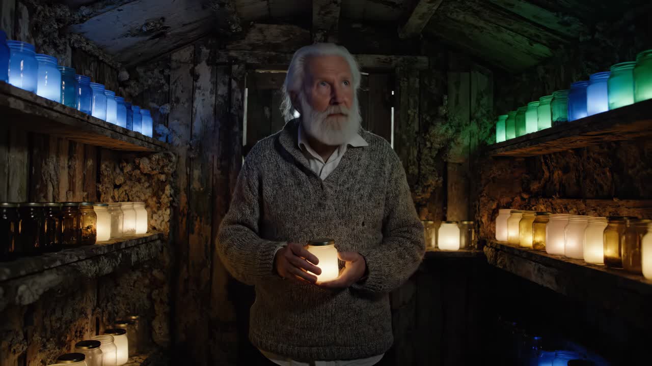 A man stands among illuminated jars on shelves