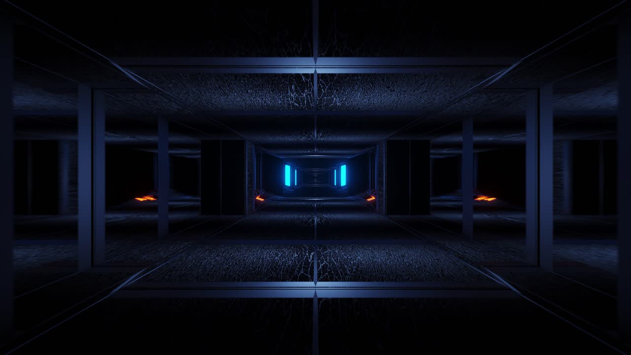 Wide, Geometric Black Motion Tunnel Corridor with Blue Light Reflections 3D Loop