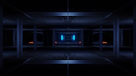 wide, geometric black motion tunnel corridor with blue light reflections 3d loop