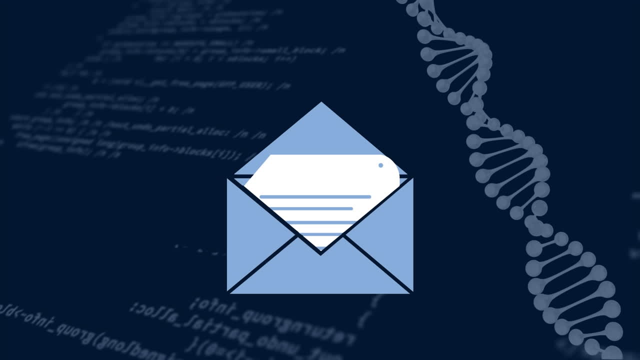 icono de mensaje contra la estructura de adn girando y procesamiento de datos en fondo azul