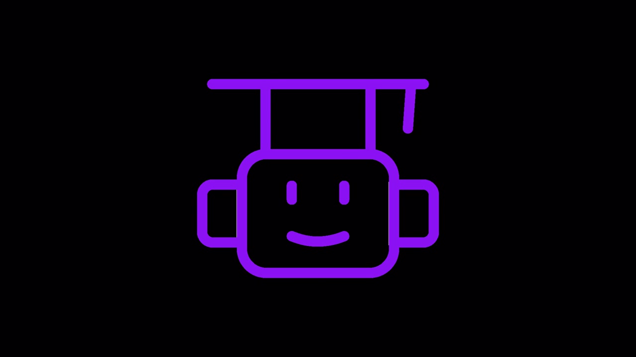 Icono animado de robot morado con birrete de graduación