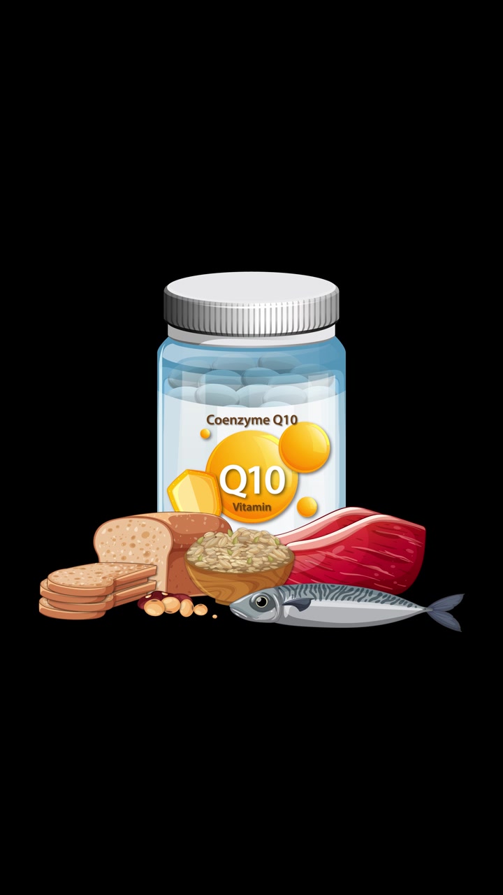 Botol suplemen Vitamin Q10 dengan ikan, kacang-kacangan, biji-bijian, dan daging muncul di latar belakang hitam