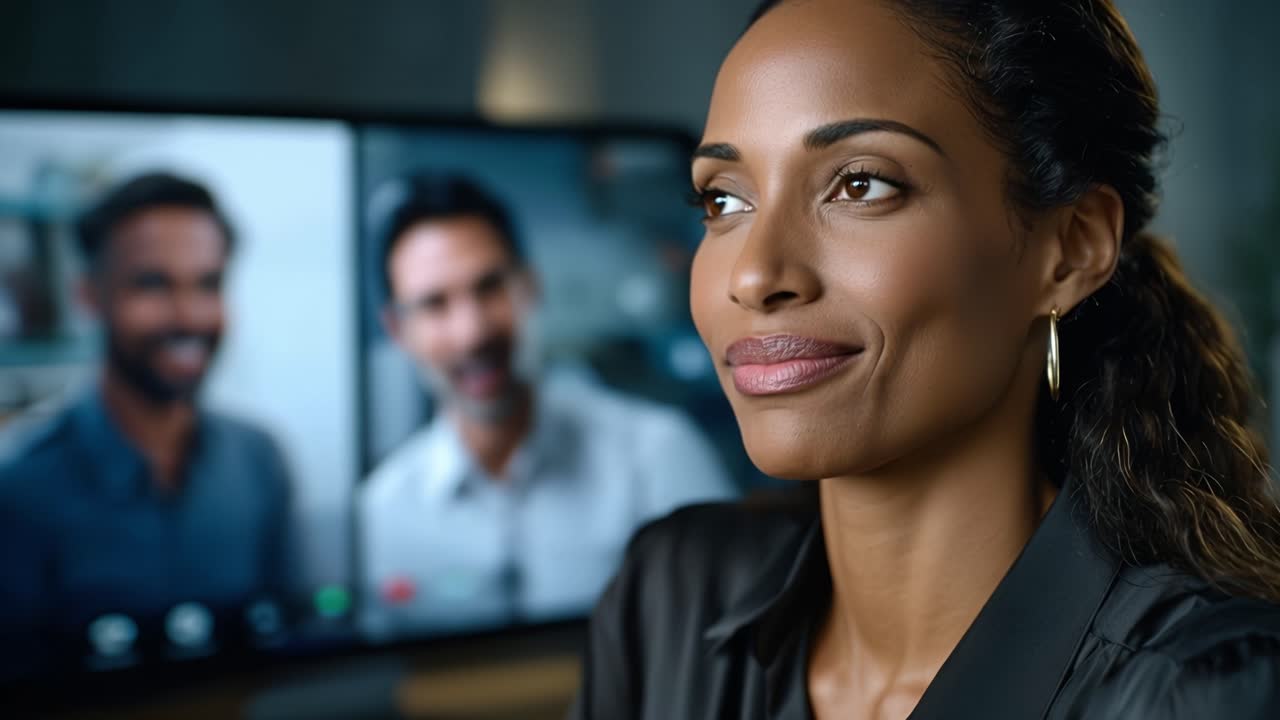 Professional woman smiles during video conference call. She wears black blouse, gold hoop earrings. Two men appear on screen behind her. She looks engaged, focused on conversation