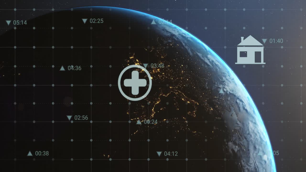 푸른 배경에 대한 지구와 빛의 점에 대한 여러 디지털 아이콘의 애니메이션