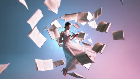 woman reading among floating books in a dreamlike setting