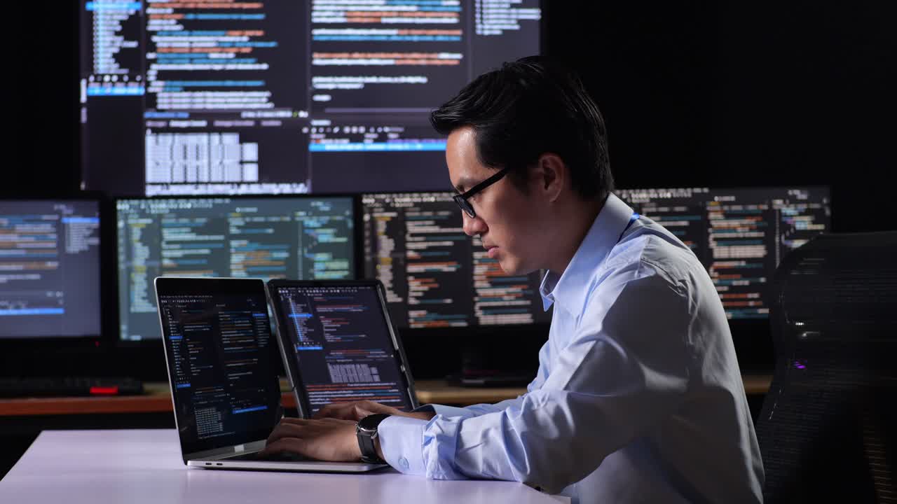 programador trabajando tarde en la noche con múltiples monitores y portátiles.