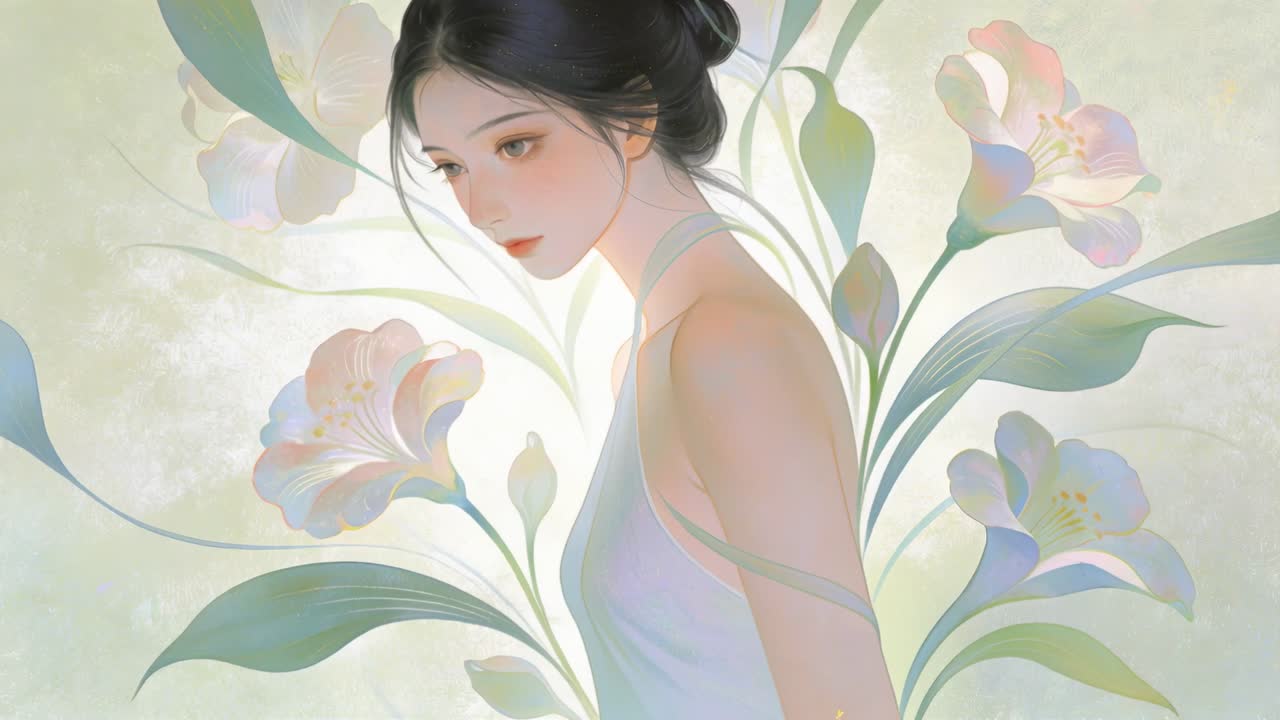 フレームに反応して回転する描かれた女性。花の背景をバックに、ホルターネックとハロー（光輪）が見える。