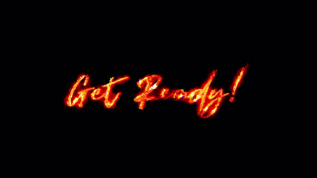 Testo in fiamme della parola "Get Ready". L'illuminazione brillante rosso-dorata dell'animazione in loop "Get Ready". Rendering 3D 4K isolato trasparente con canale alfa Quicktime ProRes 4444.