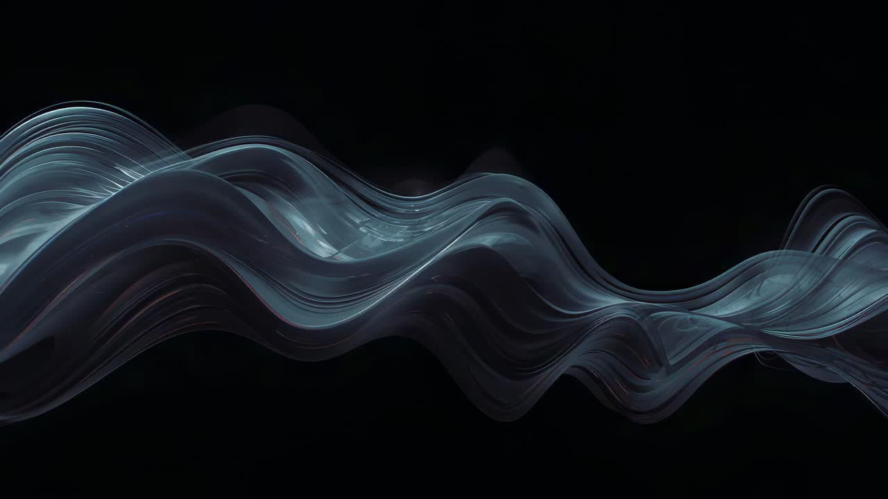 Undulating layered translucent ribbon starting internal oscillation and shifting across black void