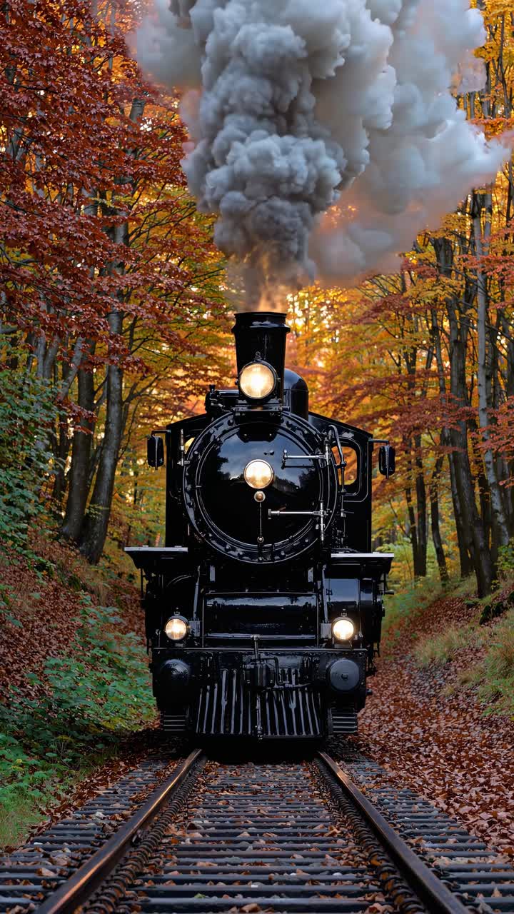 A vintage steam train moves through a forest in autumn, captured from a low-angle