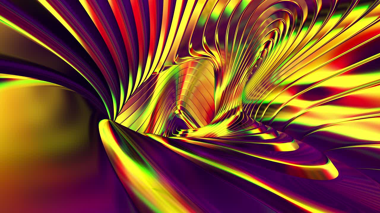 Sfondo Metallico Astratto Arcobaleno. Strisce che si Piegono e Ruotano Creano Forme e Superfici Irreali e Sorprendenti. Loop Continuo. 4K