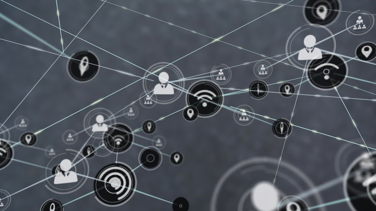 animación de una red de iconos digitales contra un fondo gris