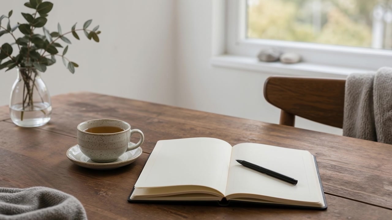 Blank notebook with a pen and a cup of tea on a wooden table near a window