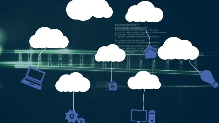 Animation of cloud icons and medical data processing over dark background