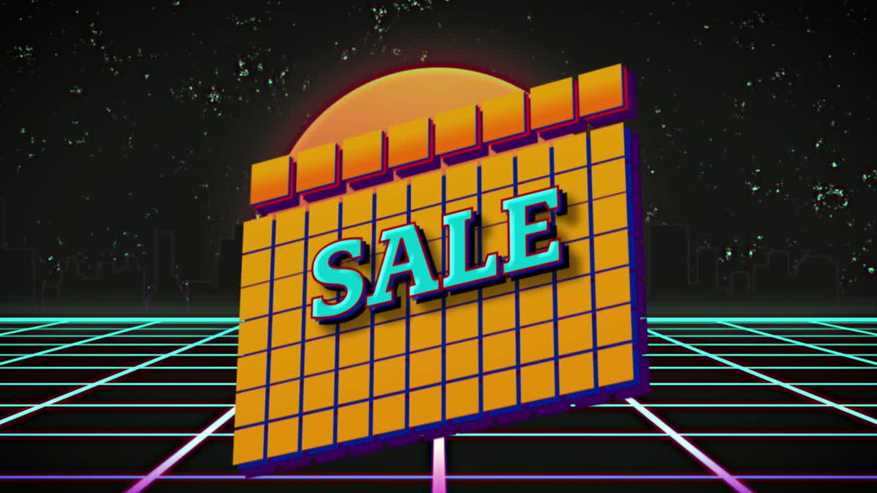 블랙 배경에 그리드 네트워크와 도시 풍경 둥근 배너에 대한 추상적인 모양 위에 판매 텍스트