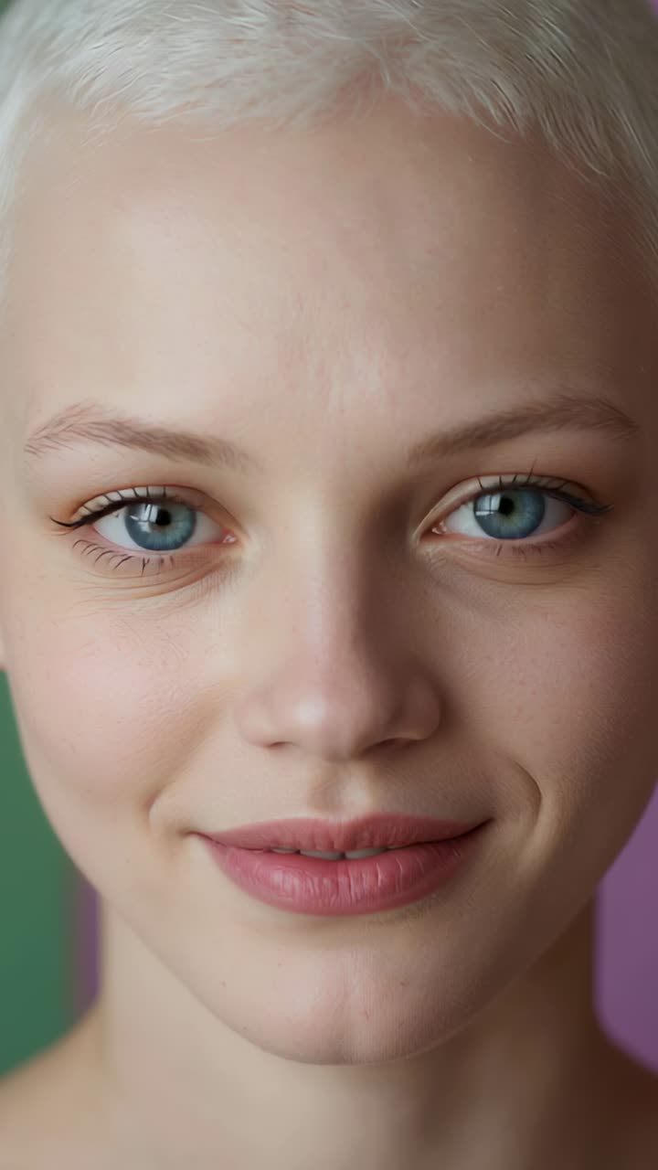 Vertical video: Recording smiling model holding gaze in studio with color panels, bare shoulders