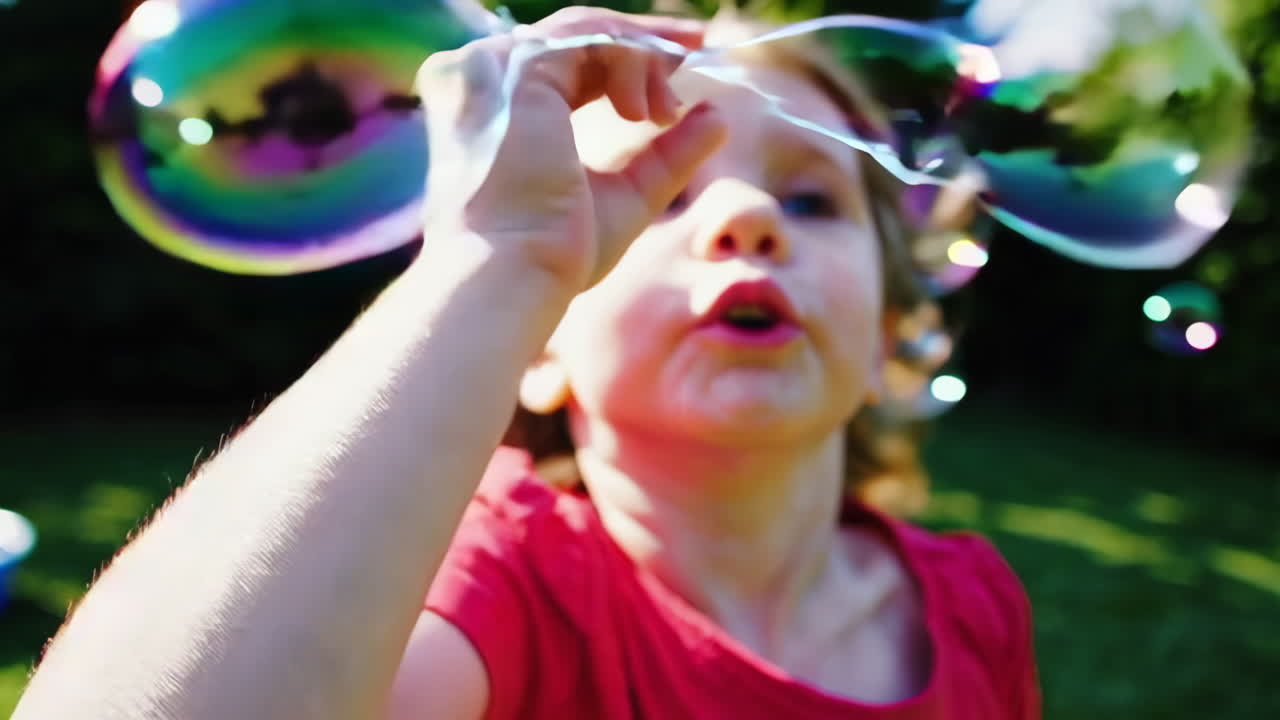 Child Playing with Bubbles in a Garden