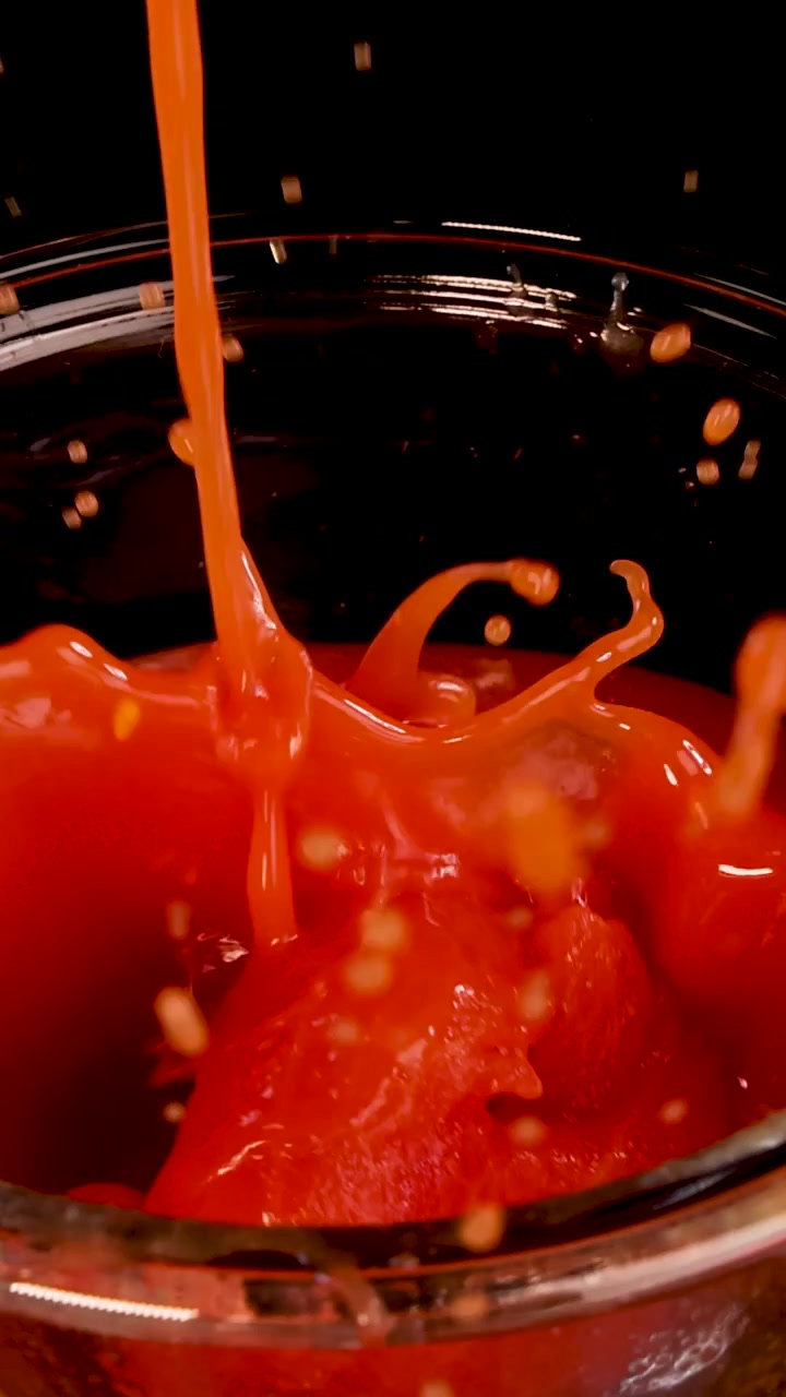 Un pomodoro intero cade in una ciotola di vetro piena di salsa, creando uno schizzo verticale drammatico.