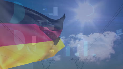 Animación-De-La-Bandera-De-Alemania-Sobre-El-Cielo-Azul-Y-Datos-De-Procesamiento-De-Gráficos.