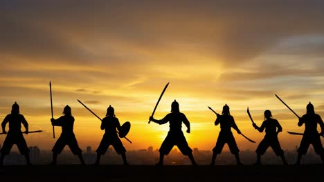 a dramatic celebration of valor and brotherhood: warriors raise their swords in unity against a stunning sunset backdrop