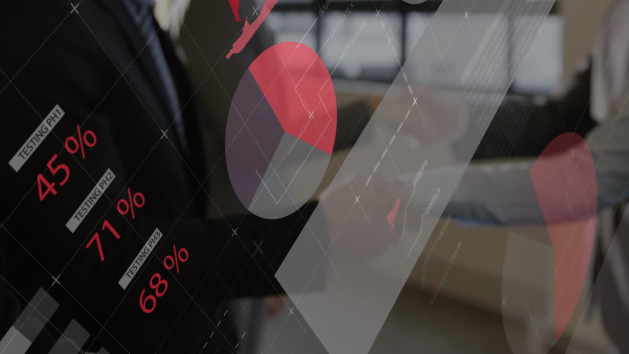 사무실에서 손을  ⁇ 는 사업가들의 중간 부분에 대한 통계 데이터 처리