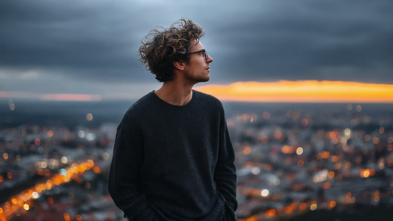 A contemplative moment at twilight as a young man gazes over a city skyline, blending nature's tranquility with urban beauty in a serene setting