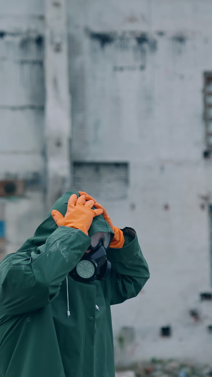 Atomic survivor in post apocalyptic setting. Portrait of guy in gas mask on the background of ruined abandoned building
