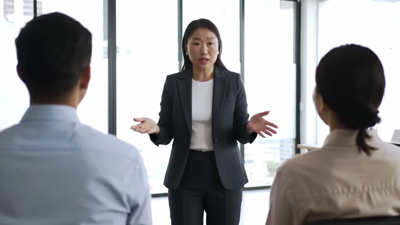 A Confident Female Leader Engages in a Professional Discussion with Two Individuals in a Modern Office Setting, Emphasizing Effective Communication and Team Dynamics