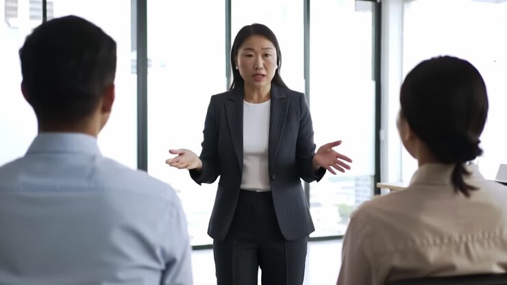 A Confident Female Leader Engages in a Professional Discussion with Two Individuals in a Modern Office Setting, Emphasizing Effective Communication and Team Dynamics