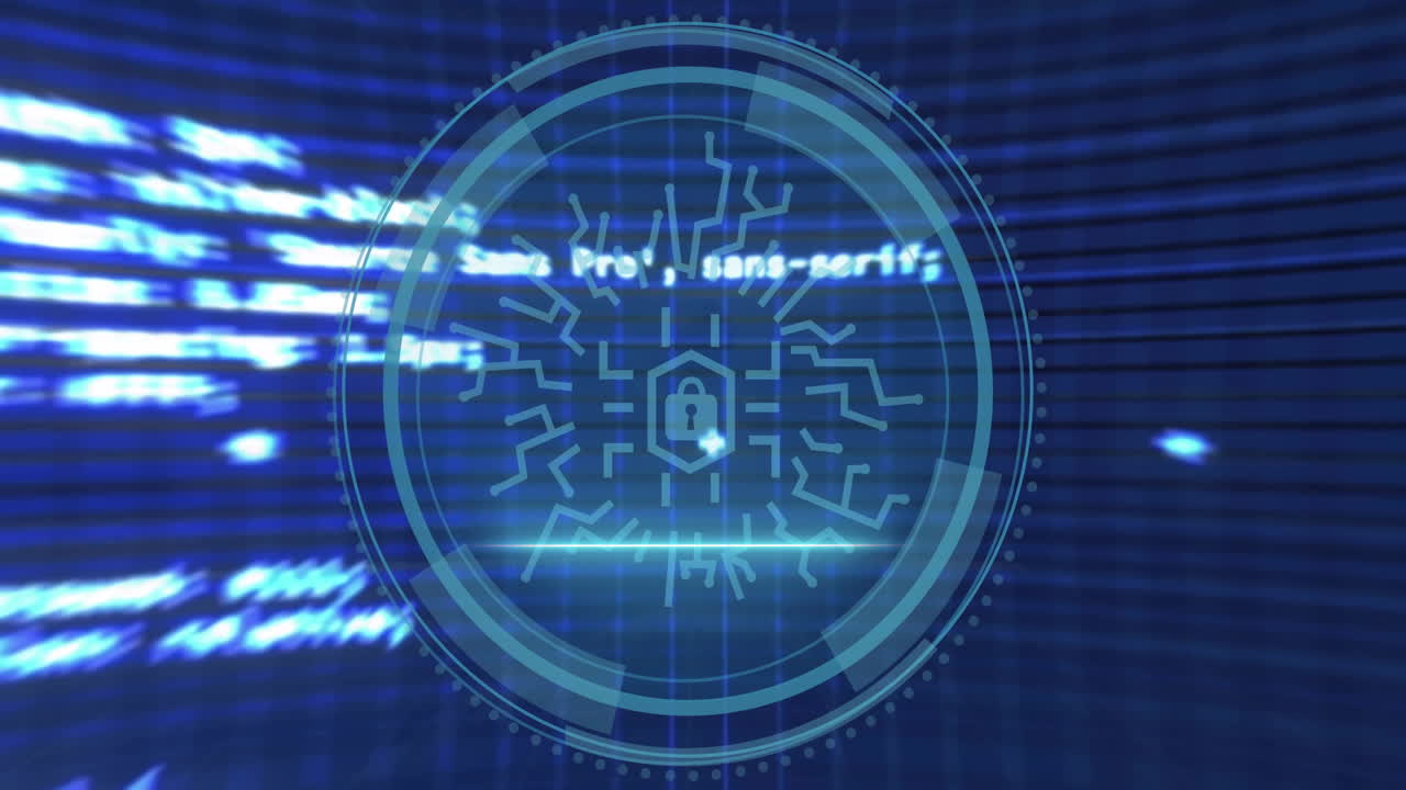 Animation of padlock icon, security warnings and interface screens over processing data