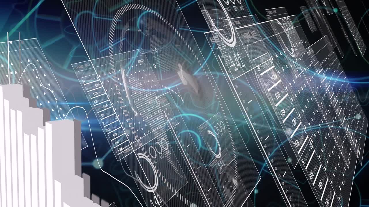 Animation of data processing, cogs and graph over dark background