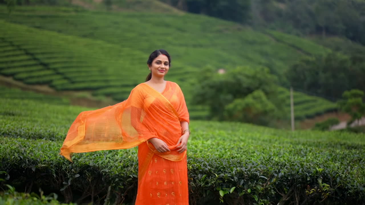 Donna asiatica in sari arancione in piedi tra lussureggianti terrazze di tè, in posa come raccoglitrice di tè e influencer di viaggi.