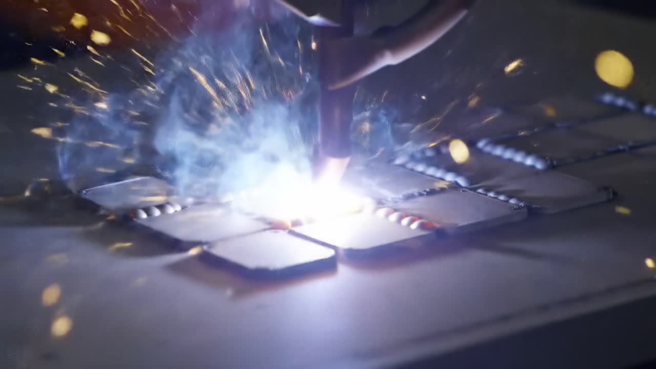 Dynamic Arc and Spark: A Close-Up of a Welding Process with Bright Explosions of Light and Smoke Capturing the Intensity of Metal Joining Techniques
