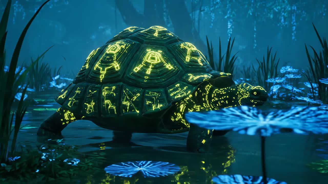 Glowing Neon Turtle in Water