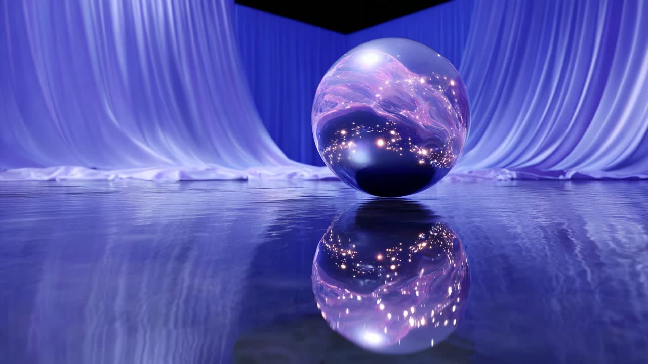 A Captivating Display of Light and Reflection: A Stunning Sphere Surrounded by Dreamy Fabric Drapery, Creating an Enchanting Atmosphere of Mystery and Elegance in a Soft Purple Palette